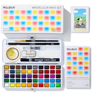 MEEDEN Travel Watercolor Paint Set: 50 Colors Watercolor Paints for Beginner with Brushes & Concertina Coloring Book - Portable Water Color Kit for Adult Painting On the Go