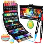 120 Colors Acrylic Paint Markers, Dual Tip Fine and Brush Tips Pens Contain 24 Metallic Color for Stone, Wood, Calligraphy, Canvas, Ceramic, Metal, Glass, Rock Painting, DIY Crafts Art Supplies Kit
