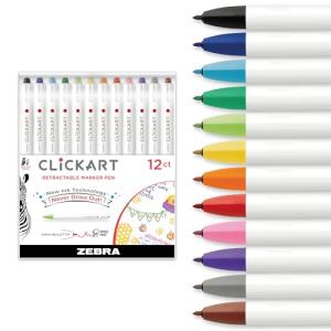 Zebra Pen CLiCKART Retractable Felt Tip Pen, Assorted Ink Colors, 0.6mm Fine Point, Moisture Absorbing to Prevent Drying Out, Ideal for Giftable Art Supplies and Teacher Gifts, 12-Pack (69012)