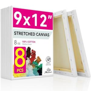 PHOENIX Stretched Canvas for Painting 9x12 Inch/8 Value Pack, 8 Oz Triple Primed 5/8 Inch Profile 100% Cotton White Blank Canvas, Artist Framed Canvas for Oil Acrylic & Pouring Art