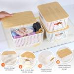 Ohmlove Plastic Storage Baskets With Bamboo Lid - Plastic Storage Containers Stackable Storage bins: Storage Baskets for Organizing Shelves Drawers Desktop Closet Playroom Classroom Office, 6 Pack