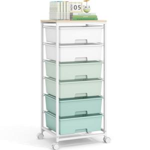 Rolling Storage Cart with 6 Drawers and Wooden Tabletop, Lockable Wheels Utility Cart for Art Studios, Office Supplies & Craft Room Organization (Green)