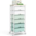 Rolling Storage Cart with 6 Drawers and Wooden Tabletop, Lockable Wheels Utility Cart for Art Studios, Office Supplies & Craft Room Organization (Green)