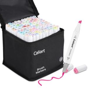 Caliart Pastel Alcohol Markers Brush Tip, 100 Colors Dual Tip Coloring Marker Pen Set Brush & Chisel, Art Supplies Gift for Adults Coloring Book Artists Sketch Drawing Illustration