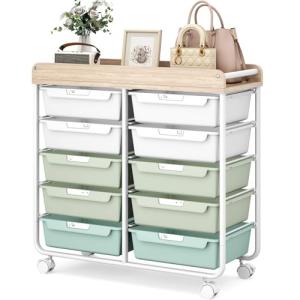 10 Drawers Rolling Cart with Wooden Tabletop, Utility Storage Cart with Wheels, Art Supply Craft Organizer on Wheel with Metal Frame & Handles for Home Office School,Green