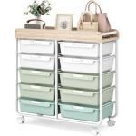 10 Drawers Rolling Cart with Wooden Tabletop, Utility Storage Cart with Wheels, Art Supply Craft Organizer on Wheel with Metal Frame & Handles for Home Office School,Green