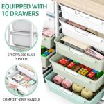 10 Drawers Rolling Cart with Wooden Tabletop, Utility Storage Cart with Wheels, Art Supply Craft Organizer on Wheel with Metal Frame & Handles for Home Office School,Green