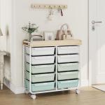 10 Drawers Rolling Cart with Wooden Tabletop, Utility Storage Cart with Wheels, Art Supply Craft Organizer on Wheel with Metal Frame & Handles for Home Office School,Green