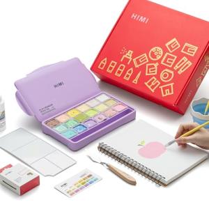 HIMI Deluxe 18 Colors Jelly Gouache Paint Gift Set – Complete Art Kit with Pad, Spray, Palette, Brushes, Painting Knife, Foldable Bucket & Refills for Beginners, Students & Artists (Purple)