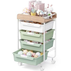 Rolling Storage Utility Cart With 4 Drawers,Kids Craft Art Cart,Makeup Organizer And Storage with Wooden Tabletop,Green