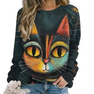ZOCAVIA Abstract Cat Sweatshirt for Women Fall Casual Y2K Art Graphic Pullover Top Long Sleeve Oil Painting Printed T-Shirt Oversized Dark Grey M