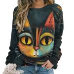 ZOCAVIA Abstract Cat Sweatshirt for Women Fall Casual Y2K Art Graphic Pullover Top Long Sleeve Oil Painting Printed T-Shirt Oversized Dark Grey M