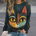 ZOCAVIA Abstract Cat Sweatshirt for Women Fall Casual Y2K Art Graphic Pullover Top Long Sleeve Oil Painting Printed T-Shirt Oversized Dark Grey M