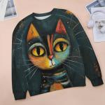 ZOCAVIA Abstract Cat Sweatshirt for Women Fall Casual Y2K Art Graphic Pullover Top Long Sleeve Oil Painting Printed T-Shirt Oversized Dark Grey M