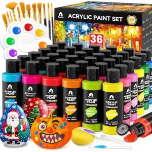 52 Pcs Acrylic Paint Set - 36 Colors (2oz/60ml) with 12 Brushes, 2 Knives & Palette - Rich Pigments for Adults, Artists & Beginners - Painting on Pumpkin Canvas Ceramic Rock Wood
