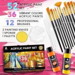 52 Pcs Acrylic Paint Set - 36 Colors (2oz/60ml) with 12 Brushes, 2 Knives & Palette - Rich Pigments for Adults, Artists & Beginners - Painting on Pumpkin Canvas Ceramic Rock Wood