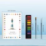 Watercolor workbook, Watercolor Paint Set, 16-Page Spiral-Bound Watercolor Book, containing 12 Colors of Paint and 2 Brushes (Seaside)