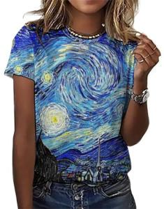joo meryer Women's Art Oil Painting Starry Night Short Sleeve Loose Fit T-Shirts Tunic Top,Starry Night,M