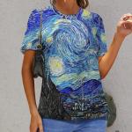 joo meryer Women's Art Oil Painting Starry Night Short Sleeve Loose Fit T-Shirts Tunic Top,Starry Night,M