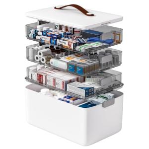 funest 4-Tier Medicine Storage Box Cabinet, Empty First Aid Kit Portable Medical Supply Organizer with Leather Handle for Home