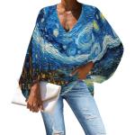 DUOLIFU Womens Casual Oil Paint Art Print Batwing Sleeve Chiffon Shirts Tops Blouse,Oil Paint Blue Galaxy,3XL