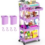 Goovilla 4 Tier Rolling Storage Carts Organizer with Removable Drawer, Stable and Sturdy Violet Rolling Utility Cart with 2 Lockable Wheels for Bathroom, Kitchen, Snack, Craft, Makeup, Baby Essentials
