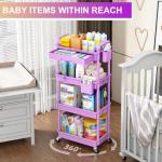 Goovilla 4 Tier Rolling Storage Carts Organizer with Removable Drawer, Stable and Sturdy Violet Rolling Utility Cart with 2 Lockable Wheels for Bathroom, Kitchen, Snack, Craft, Makeup, Baby Essentials