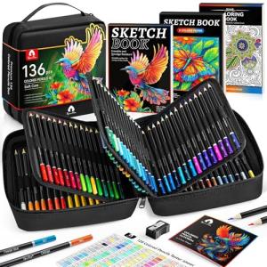 136 PCS Colored Pencils Set for Adult Coloring Books, 120 Colored Pencils with Sketchbook, Coloring Book, Sharpener, Soft Core Sketching Drawing Pencils, Art Supplies for Adults Artists (Black)