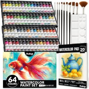 Chalkola Watercolor Paint Set - 64 Water Color Paint Tubes (12ml, 0.4oz), 10 Painting Brushes & 1 Palette, 20 WaterColor Pad | Art Supplies for Adults & Professional Artists