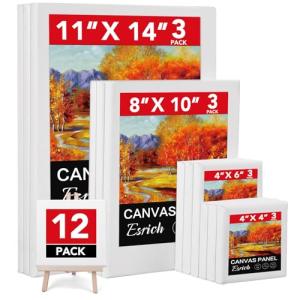 ESRICH Stretched Canvas for Painting, 12 Pack 4x4, 4x6, 8x10, 11x14(3 of Each) Canvas Set, Multi-Size Blank Canvases for Painting, Primed Paint Canvas for Kids, Adults, Beginners, Artists.