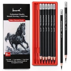 Brusarth Professional Charcoal Pencils Drawing Set - 8 Pieces Soft Medium and Hard Willow Charcoal Pencils for Drawing, Sketching, Shading
