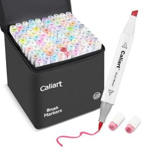 Caliart Pastel Alcohol Markers Brush Tip, 100 Colors Dual Tip Coloring Marker Pen Set Brush & Chisel, Art Supplies Gift for Adults Coloring Book Artists Sketch Drawing Illustration