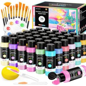 52 PCS Pastel Acrylic Paint Set with 12 Brushes, 2 Knives & Palette, 36 Colors (2oz/60ml) Art Craft Paint for Adults Kids Artists Beginners, Canvas Ceramic Rocks Wood Painting Kit Art Supplies