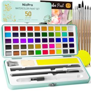 Nicpro 50 Colors Watercolor Paint Set, Include Metallic & Fluorescent Color, 8 Squirrel Painting Brushes, 25 Water Color Paper & Palette, Art Supplies Kit for Artist Adult Kid Beginner with Gift Box