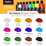 Nicpro 12 Colors Large Bulk Acrylic Paint Set (8.45 oz,250 ml) Rich Art Painting Supplies, Non Toxic for Multi Surface Rock Canvas Wood Ceramic Leather Fabric Craft, for Adult with Color Wheel