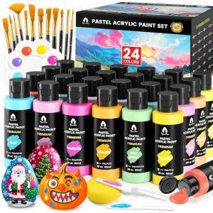 VigorFun 40 Pcs Pastel Acrylic Paint Set with 12 Brushes, 2 Knives & Palette, 24 Colors (2oz/60ml) - for Adults, Kids, Artists & Beginners - Canvas Ceramic Rock Wood Egg Painting Kit