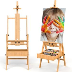 Large Wood H-Frame Easel with Storage Drawer, Foldable Art Painting Easel for Adults and Students, Adjustable Artist Easel Stand for Painting and Display, Holds Canvas Art up to 48"