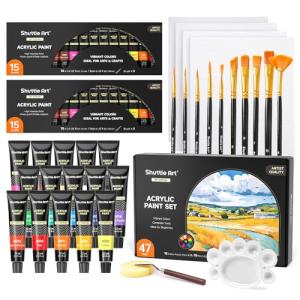47 Pack Acrylic Paint Set, Shuttle Art 15 Colours (12ml Each, 2Pack) Acrylic Paint with 10 Brushes Painting Canvas Knife Palette Sponge, Complete Gift Set for Kids, Adults Painting Canvas, Ceramic