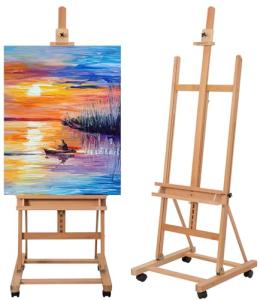 Somime H-Frame Studio Easel, Beechwood Artist Easel with Wheels and Storage Tray, Adjustable Floor Easel Stand Holding Canvas up to 51Inches for Painting, Natural