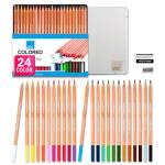 COLOUR BLOCK Colored Pencil Set - 24PC Premium Cedar Handle Drawing Pencils, Vinyl Eraser, Sharpener, Tin Storage Box