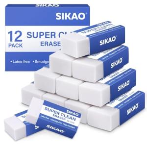 Sikao 12 Pack Pencil Erasers for Kids, White Erasers Bulk, Art Erasers for Drawing Sketching, Office School Supplies Classroom Essentials