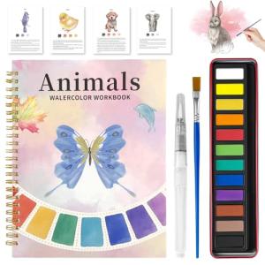Osctor Watercolor Workbook, Coloring Book Beginner Friendly Painting kit, 12 Colors Water Color Paint with Palette and 2 Brush, Exploration Gift for Adults (Animals)