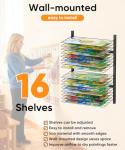 mocomax Wall Mount Art Drying Rack, 16 Removable Shelves Metal Paint Drying Rack, Space-Saving Artwork Paper Storage Holder Organizer for Classrooms, Art Studios, Schools, Galleries, Black