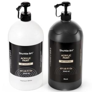 Shuttle Art Titanium White & Black Acrylic Paint Set, 2×69oz/2040ml Large Capacity Pump Bottles with Covers, High Coverage, Fast Drying Non-Toxic Art Paint for Artists, Students, Kids & DIY Crafts