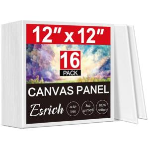 ESRICH Canvas for Painting, 16 Pack Square Canvas Boards for Painting 12x12 100% Cotton Primed Acid Free Blank Canvas Panels for Oil Paint, Watercolor, Acrylic Paint, Gouache and Tempera.