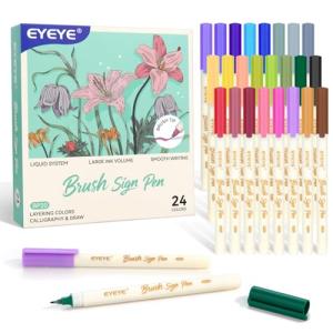 EYEYE Brush Pens for Calligraphy, Soft Tip 24 Colors Set with Blender Marker, Ideal for Drawing, Lettering, Journaling, Sketching & Illustration, Art Supplies for Artists