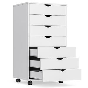 OLIXIS 7 Drawer Mobile File Cabinet Under Desk Storage Organization with Wheels Vertical Filing Chest Rolling Wood Small Desk Printer Stand for Home Office, 15.75"D x 18.74"W x 34.25"H, White