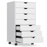 OLIXIS 7 Drawer Mobile File Cabinet Under Desk Storage Organization with Wheels Vertical Filing Chest Rolling Wood Small Desk Printer Stand for Home Office, 15.75"D x 18.74"W x 34.25"H, White