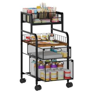 SWTYMIKI Rolling Cart with Drawers - Metal Utility Cart with Wood Shelf, DIY Divider and Locking Wheels, Craft & Art Cart Organizer for Under Desk Storage for Home Office Studio, Espresso