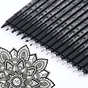 KERIFI Micro Fineliner Drawing Pens for Artists, 16 Black Fine Liner Markers, Waterproof Archival Ink Multiliner Pens, Technical Mandala Zentangle Book Accessories, Art Supplies Stuff Gifts for Adults